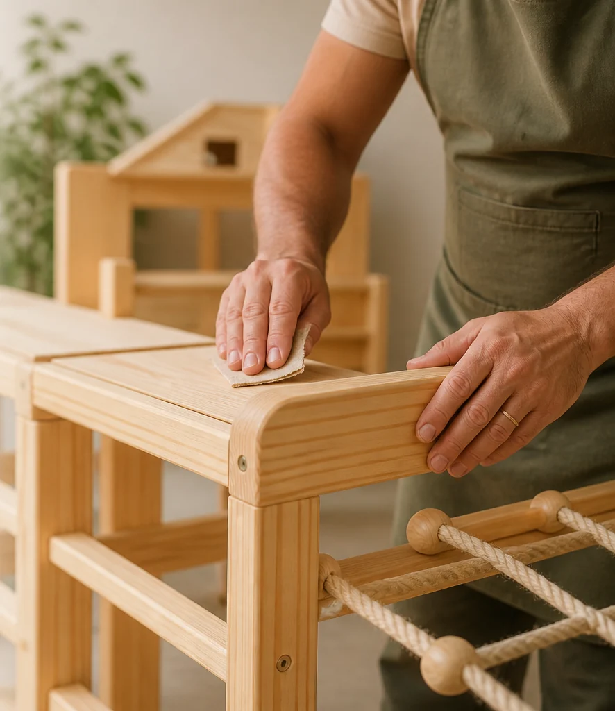 Artesão trabalhando cuidadosamente o acabamento de uma estrutura infantil em madeira